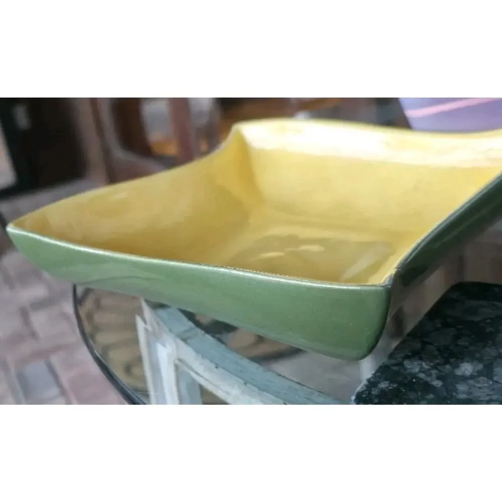 Red Wing Pottery Square Dish USA Olive Green Yellow Mid Century Modern
